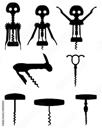 Black silhouette of different corkscrew, vector