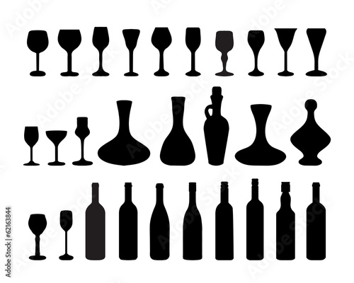Black silhouettes of glasses and bottles of wine 2, vector