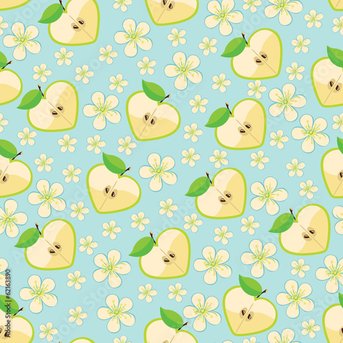 Heart of apples and Apple flowers in seamless pattern