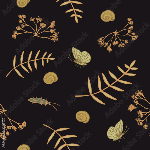 black hand drawn seamless with natural elements