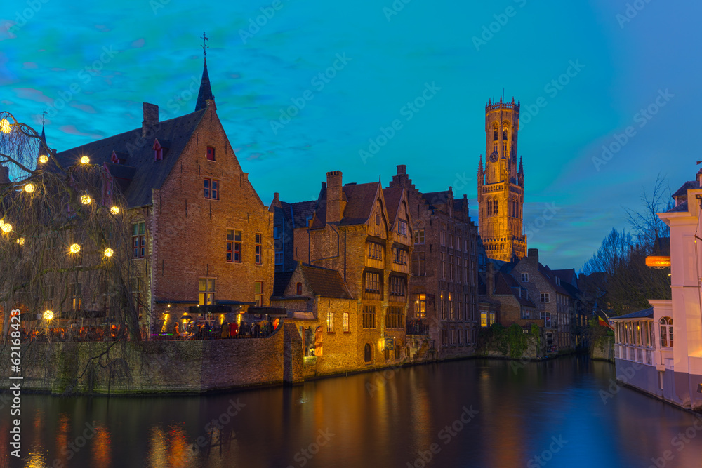 Bruges Brugge, Belfort from Rozenhoedkaai in Blue Hour