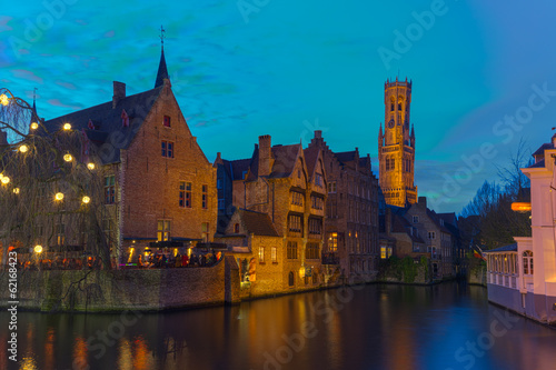 Bruges Brugge, Belfort from Rozenhoedkaai in Blue Hour © maartenhoek