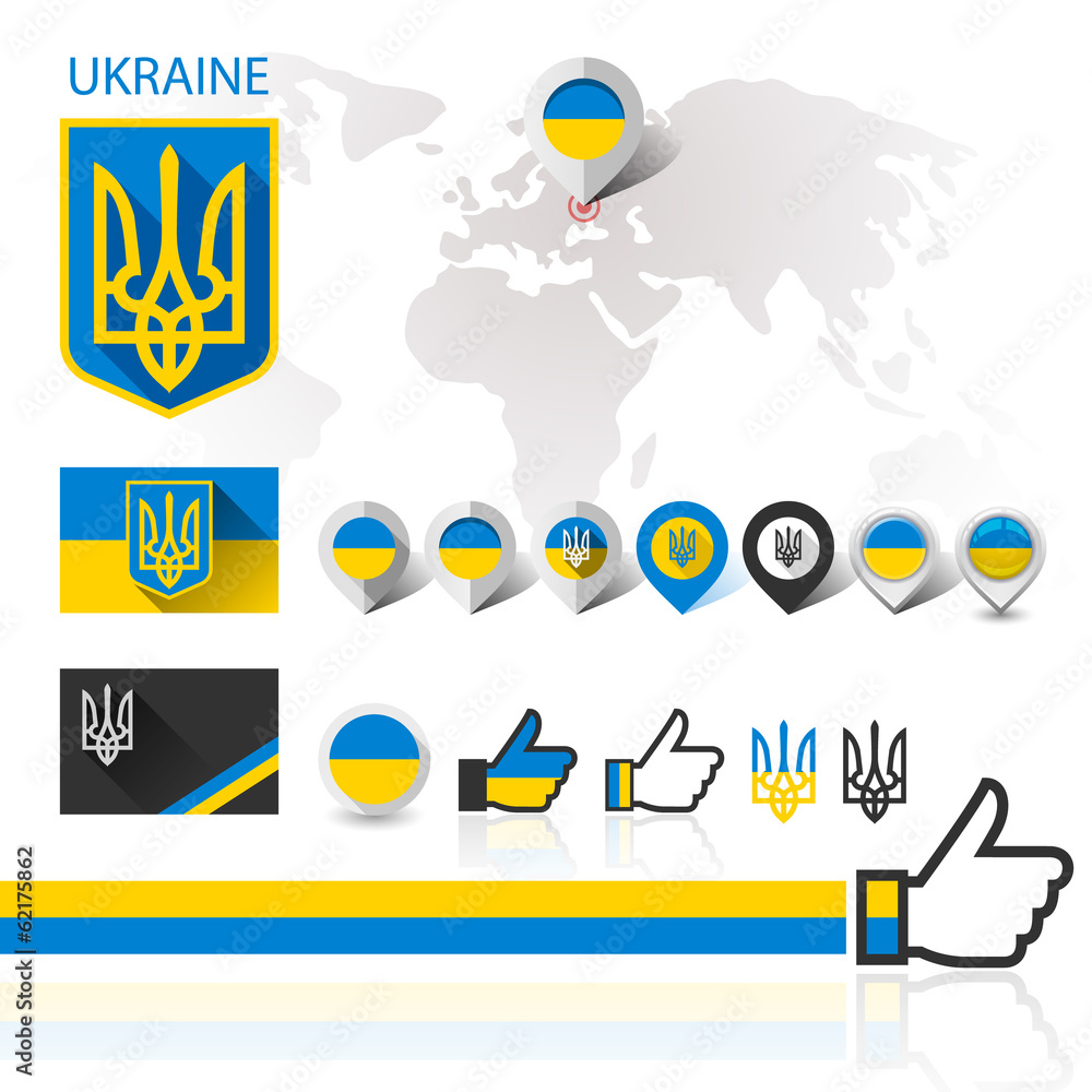 Flag, emblem Ukraine and World map Flag, emblem Ukraine and World map