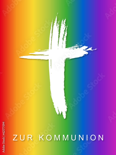 Kommunionskarten-Design mit Kruzifix in Regenbogenfarben
