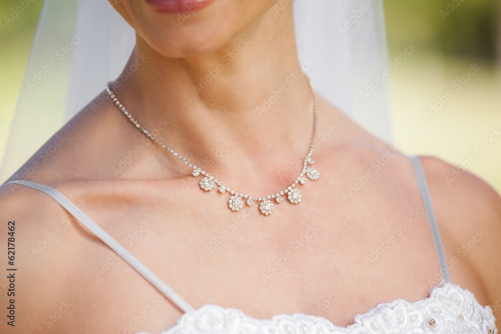Mid section of a beautiful bride wearing a necklace