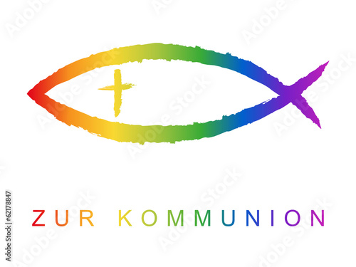 Kommunionskarten-Design mit Fischsymbol und Grußtext