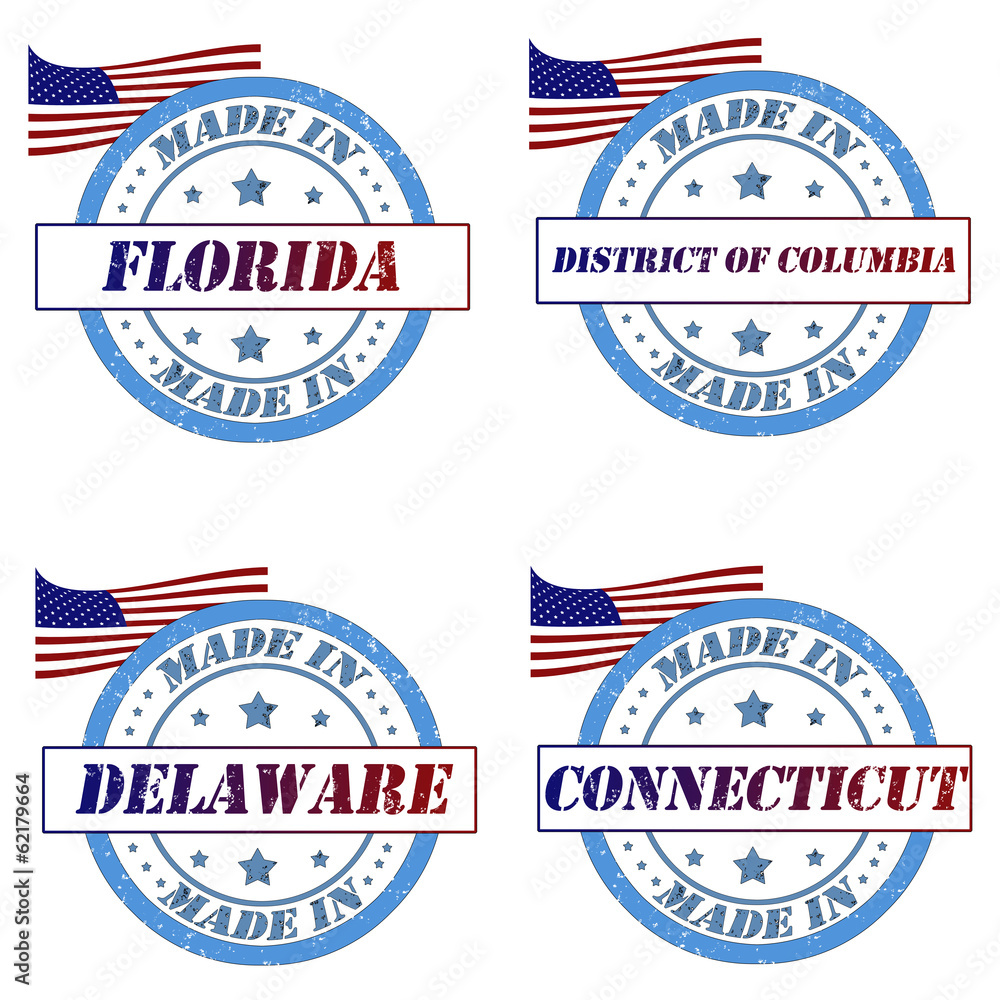 Set of stamps with made in florida,delaware,connecticut