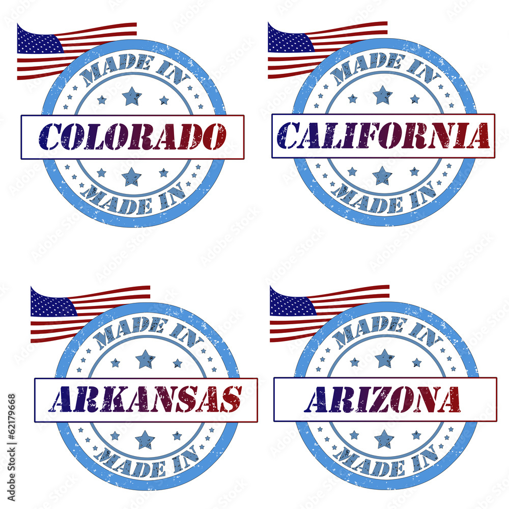 Stamps with made in colorado,california, arkansas,arizona