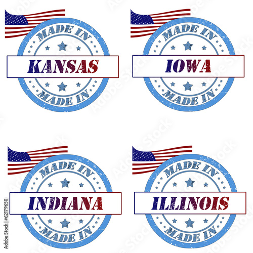 Set of stamps with made in kansas,iowa,indiana,illinois