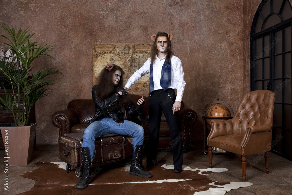 Couple men in the image of African lions Couple men in the image of African lions