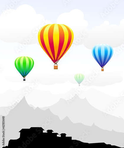 Beauty of Air Balloons on Mountain City-Vector