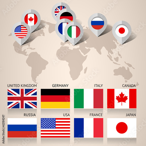 Set of G8 flags with map