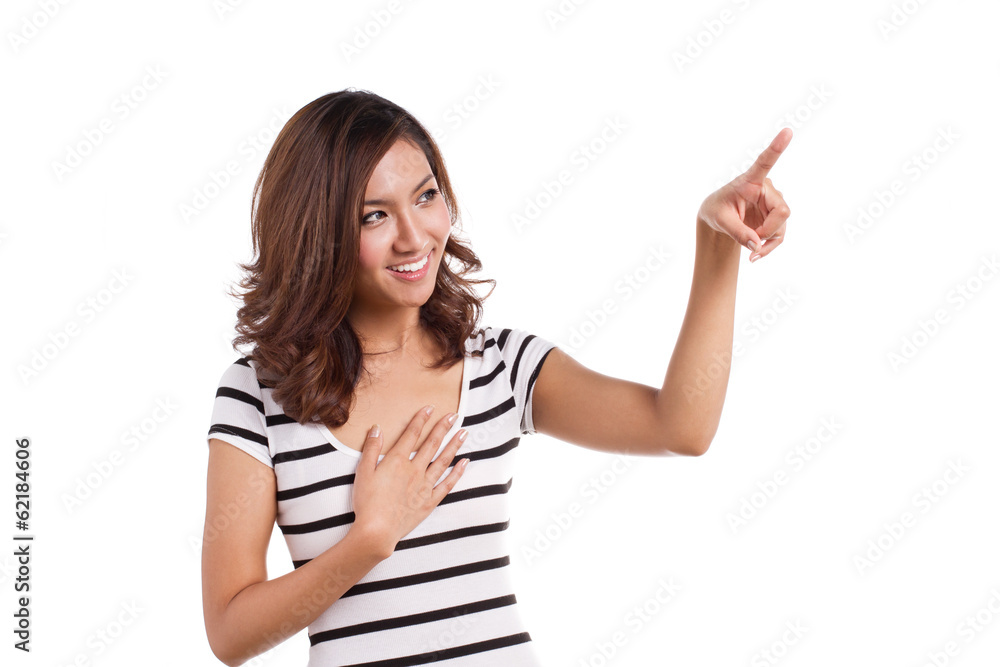 happy and positive woman pointing, isolated background happy and positive woman pointing, isolated background
