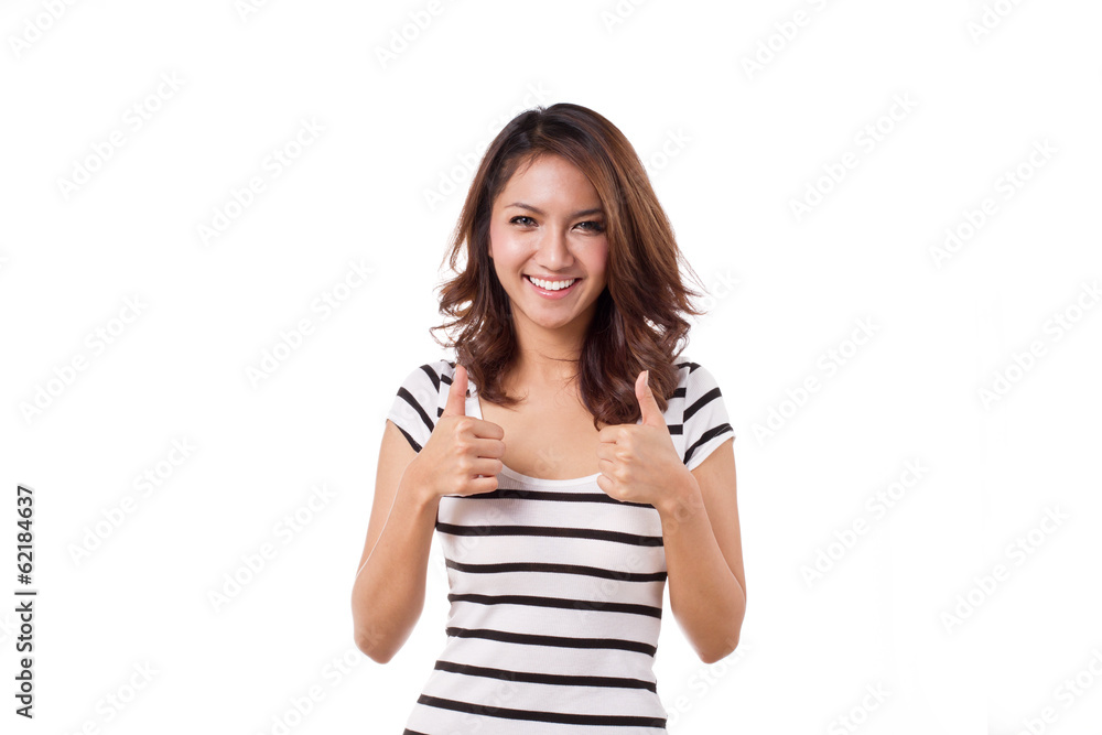 beautiful, friendly, smiling woman giving two thumbs up beautiful, friendly, smiling woman giving two thumbs up