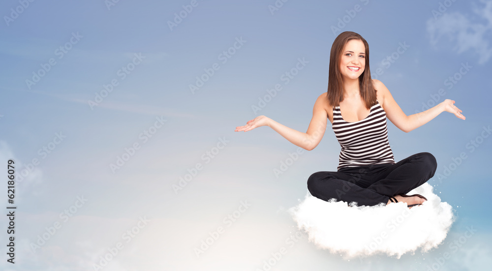 Young woman sitting on cloud with copy space Young woman sitting on cloud with copy space