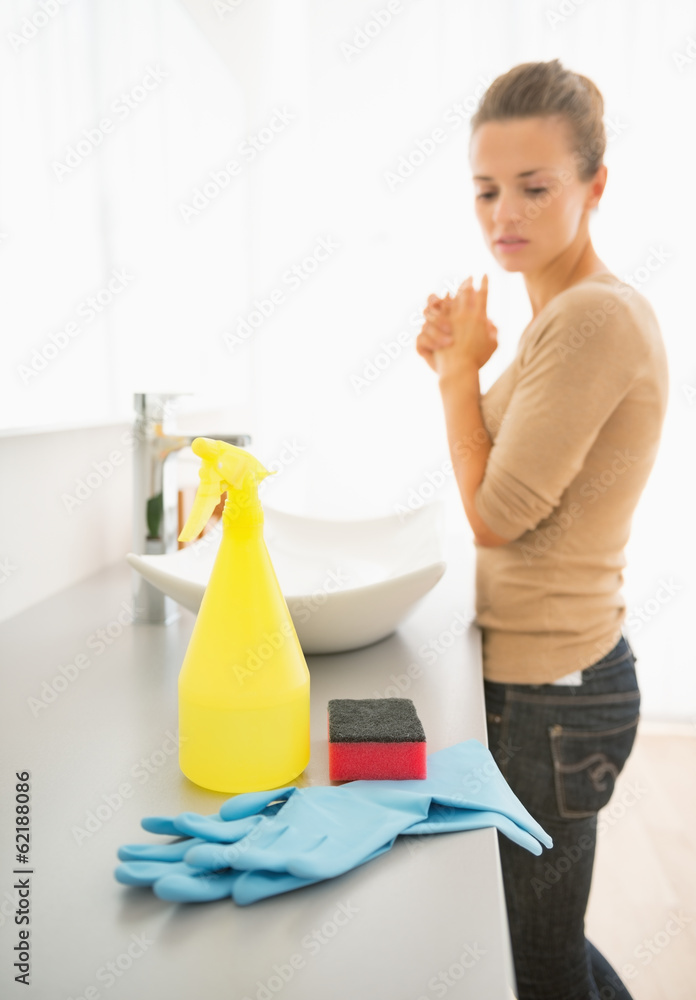 Closeup on sponge and spray bottle and housewife in background Closeup on sponge and spray bottle and housewife in background