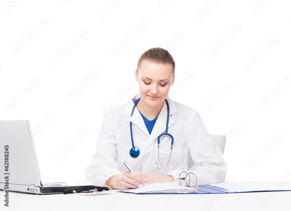 A cheerful female doctor working in office isolated on white A cheerful female doctor working in office isolated on white