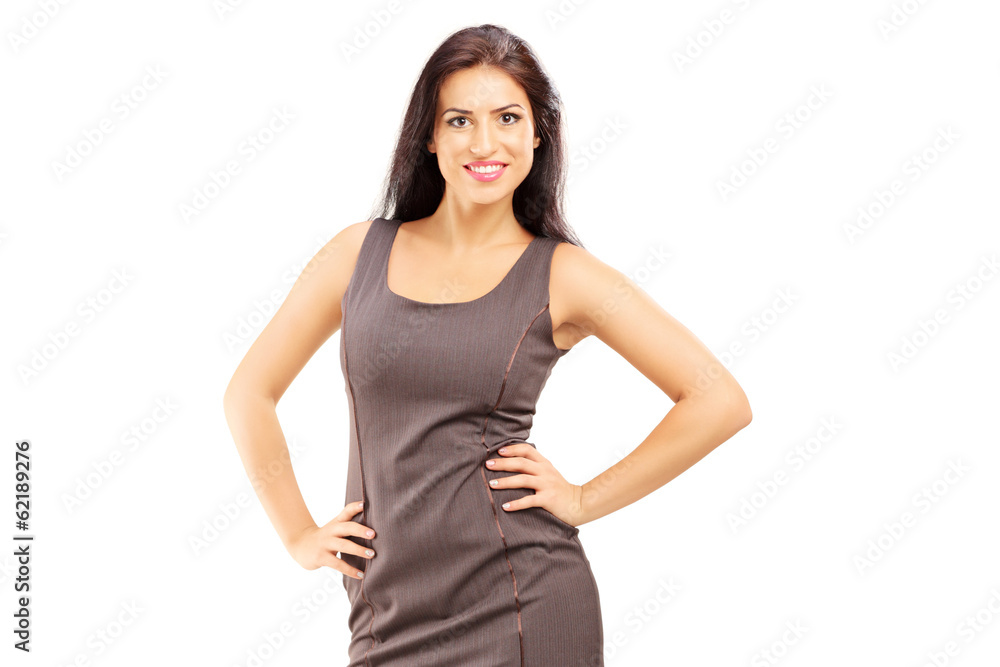 Smiling fashionable woman in dress posing Smiling fashionable woman in dress posing