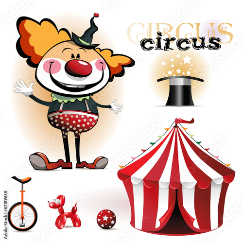 Illustration of a circus tent, clowns