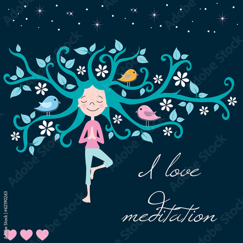 life tree meditation and girl vector illustration