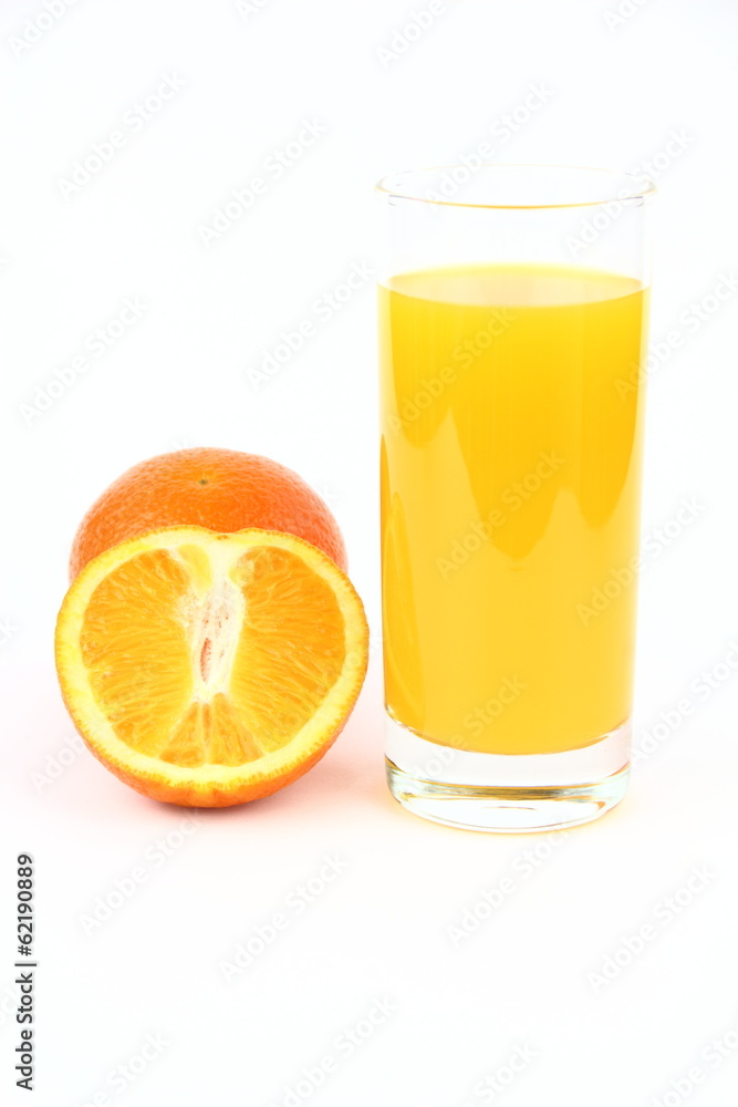 The oranges and drink on the white background