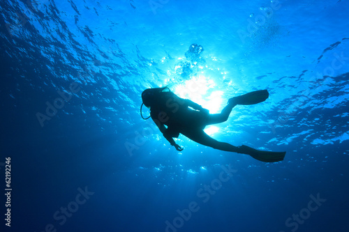 Silhouette of scuba diver in the ocean