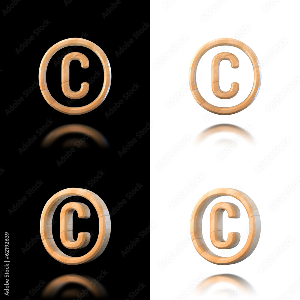 Three dimensional wooden copyright symbol. Isolated on white and Three dimensional wooden copyright symbol. Isolated on white and