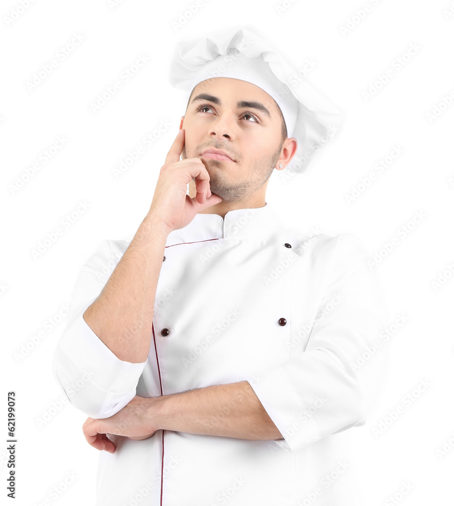 Professional chef in white uniform and hat, isolated on white Professional chef in white uniform and hat, isolated on white