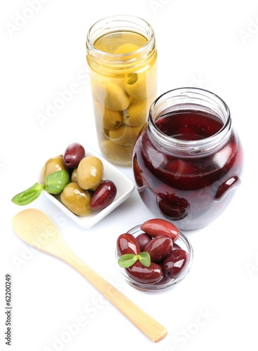 Black and green olives, isolated on white photo