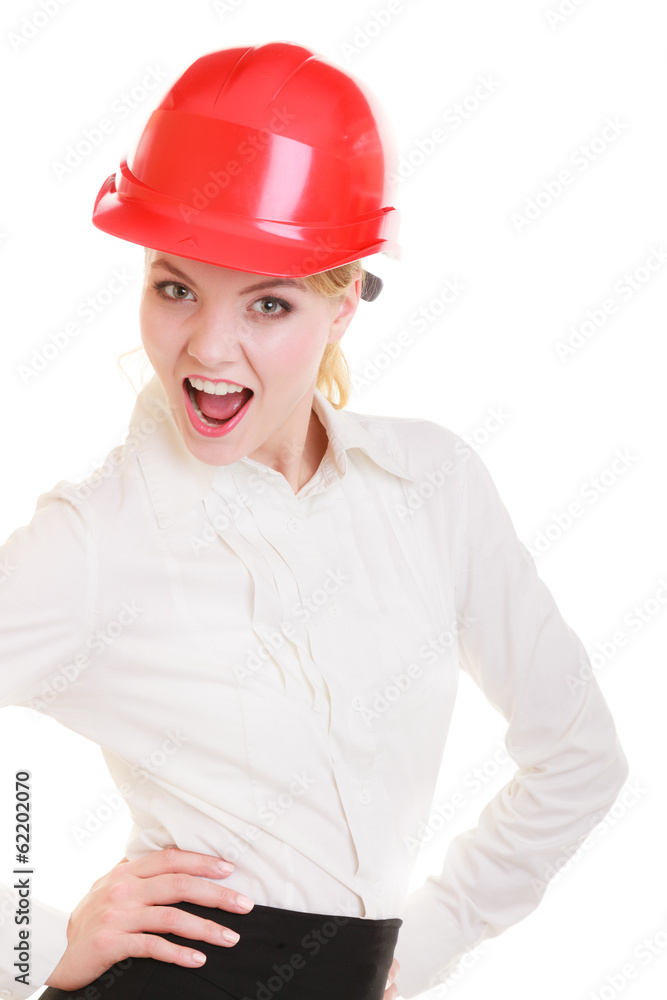 Engineer woman architect in red safety helmet isolated Engineer woman architect in red safety helmet isolated