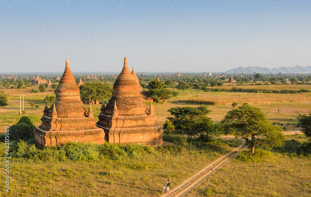 Aerial view of ancient temples in Bagan, Myanmar