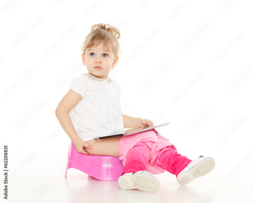 Pretty little girl sits on potty.