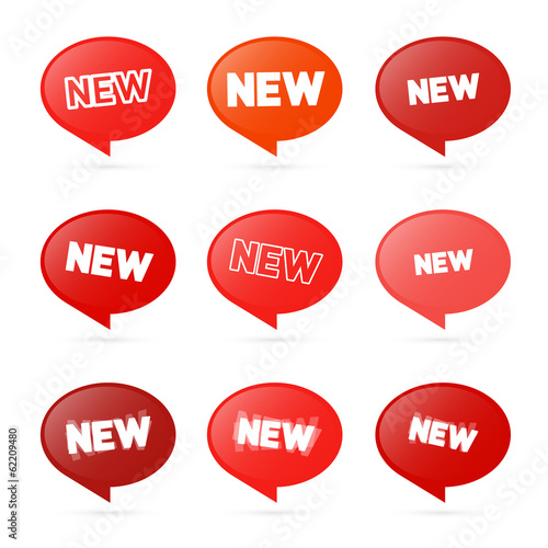 Red Stickers with New Title Isolated on White Background