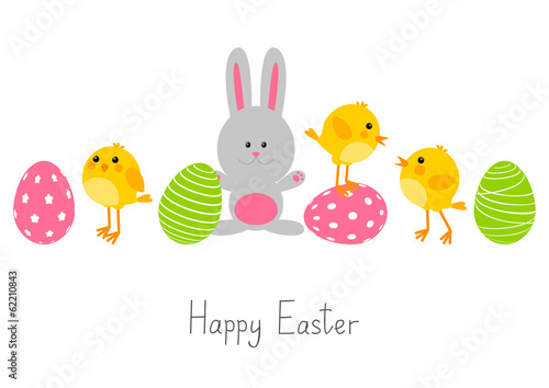 Easter eggs with cute chickens and rabbit