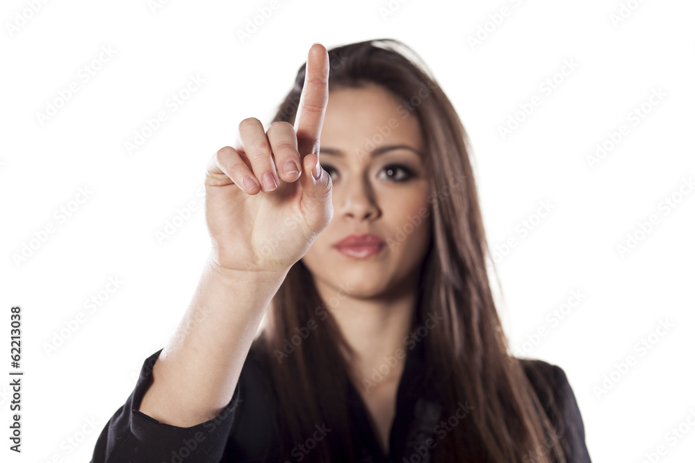young beautiful woman touching an empty space young beautiful woman touching an empty space