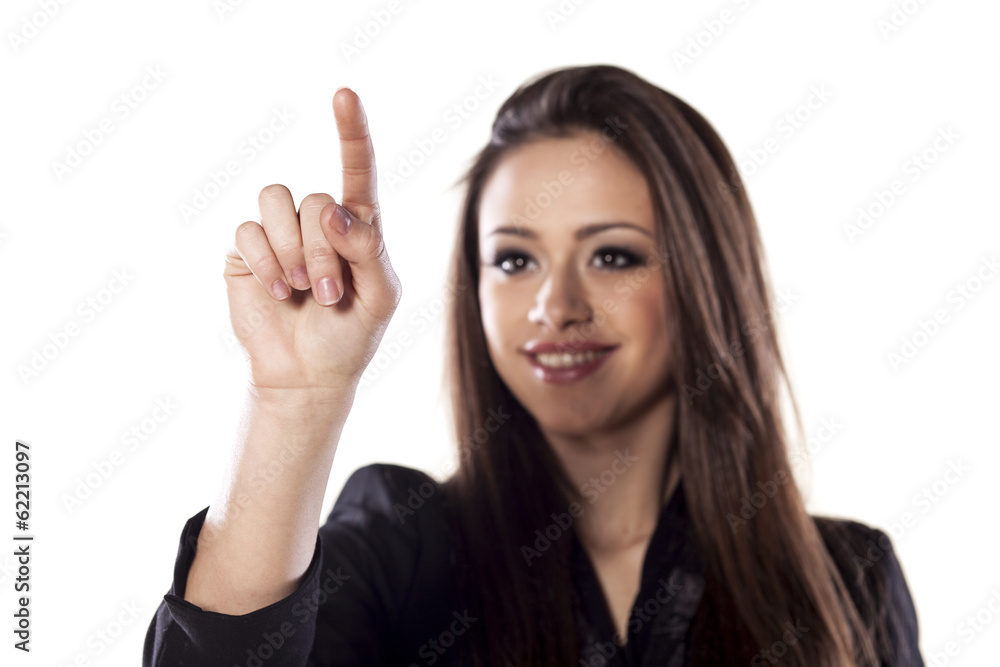 young beautiful woman touching an empty space young beautiful woman touching an empty space