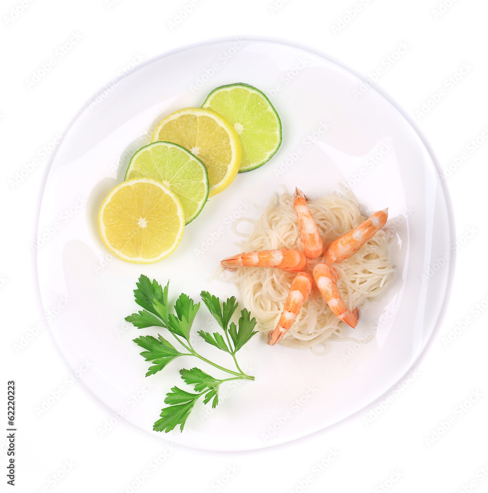 Fresh unshelled boiled shrimps with spaghetti. Fresh unshelled boiled shrimps with spaghetti.