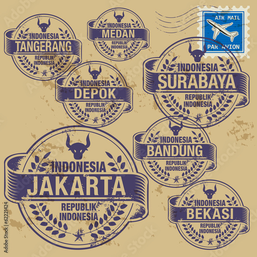 Grunge rubber stamp set with names of Indonesia cities