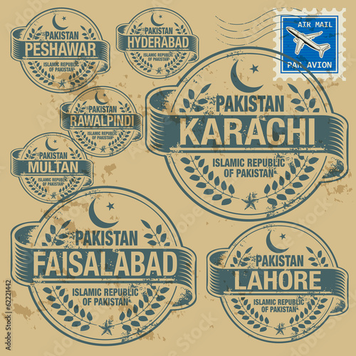 Grunge rubber stamp set with names of Pakistan cities