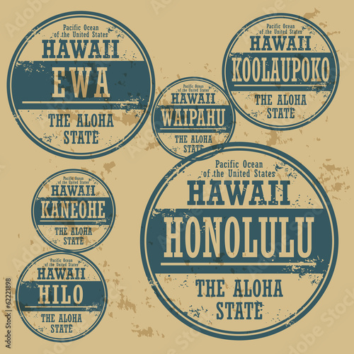 Grunge rubber stamp set with names of Hawaii cities