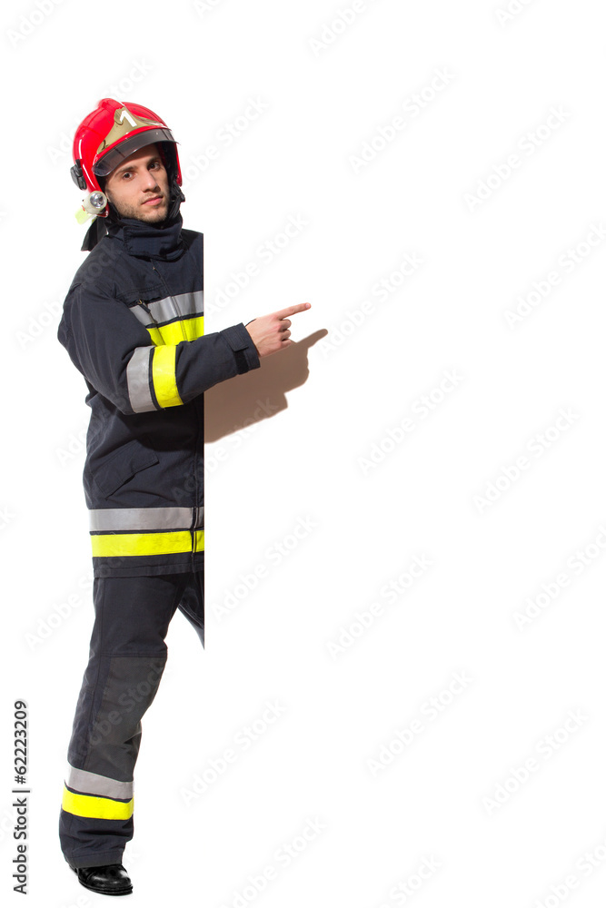 Fireman pointing at the big banner Fireman pointing at the big banner