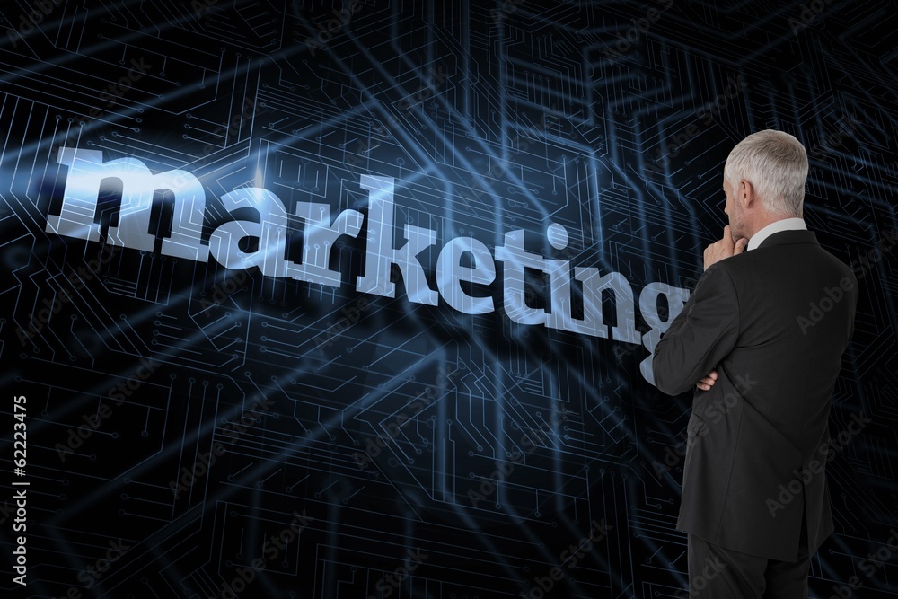 Marketing against futuristic black and blue background Marketing against futuristic black and blue background