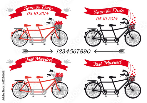 wedding tandem bicycles and ribbons, vector set