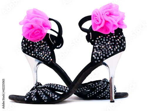 High heel black leather sandals with rhinestones for latin dance
