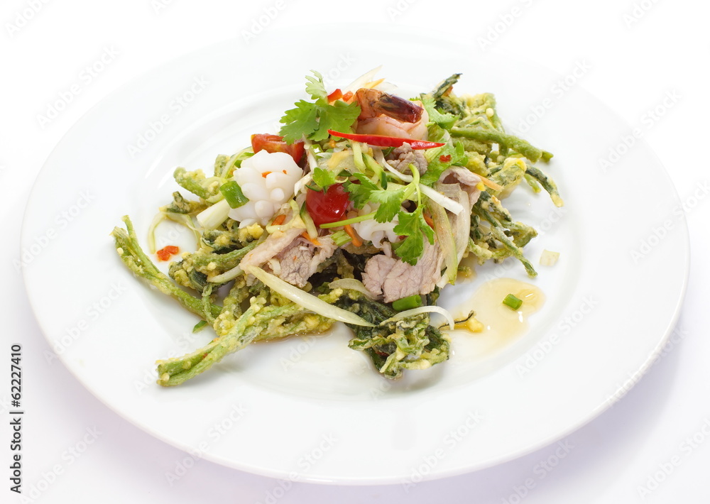 Crispy deep fried morning glory with spicy seafood salad Crispy deep fried morning glory with spicy seafood salad