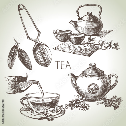 Hand drawn sketch vector tea set