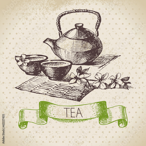 Tea vintage background. Hand drawn sketch illustration