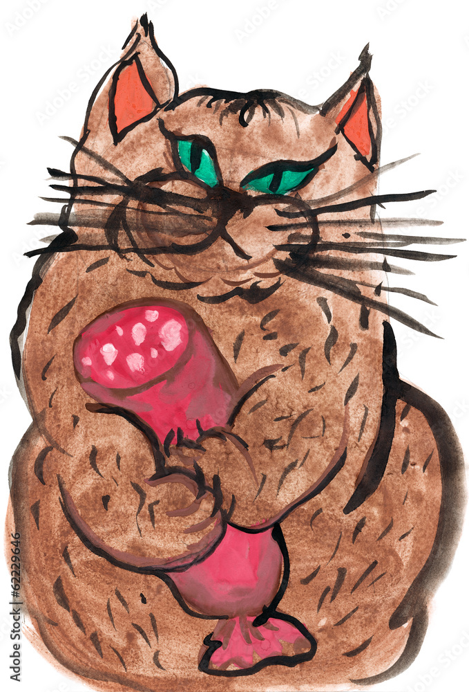 cat eats sausage. child drawing cat eats sausage. child drawing