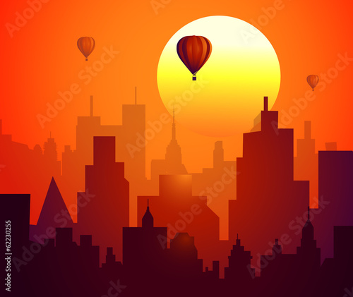 City sunset & Air Balloons-vector