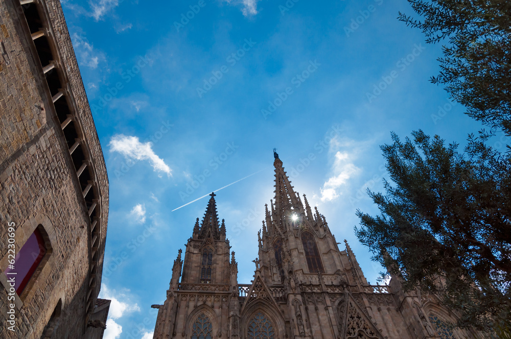 Barcelona Cathedral Santa Eulalia fachade details and sky